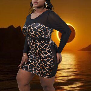 Shein GEO Print Sheer Mesh Insert Velevet Bodycon Dress Size 2X